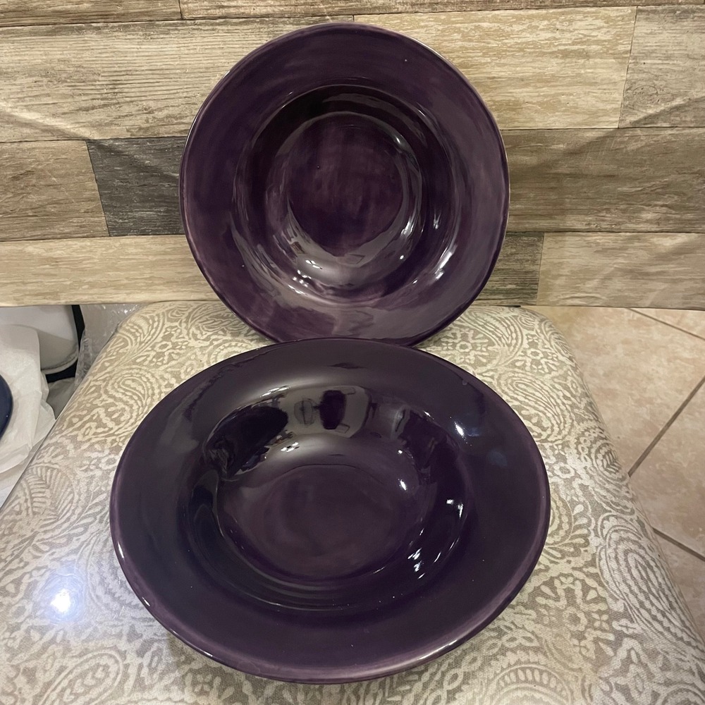 Pottery Barn Sausalito Pasta Bowls Set of 2 Eggplant Purple Stoneware Mexico 10"